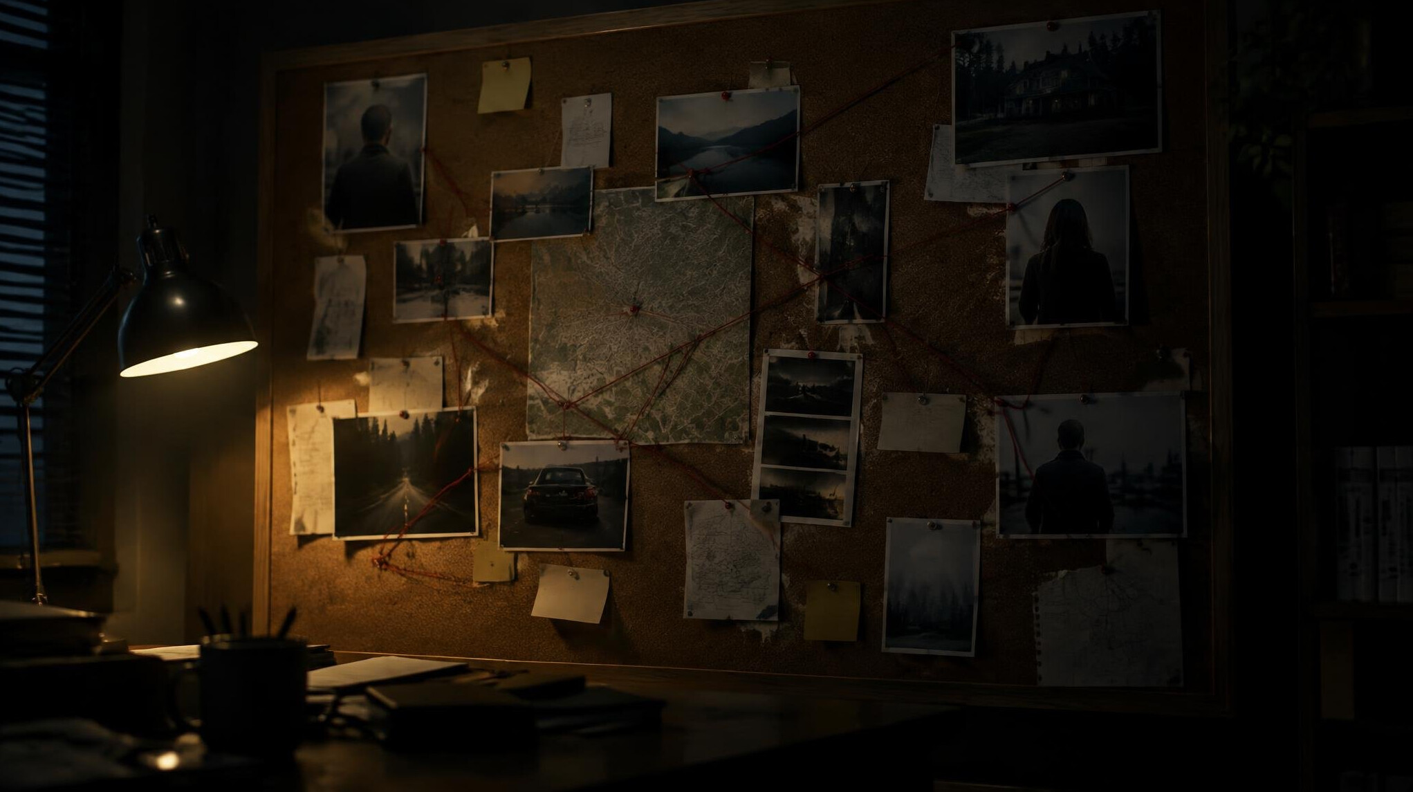 Dim lit room with a case board covered in notes and pinned strings