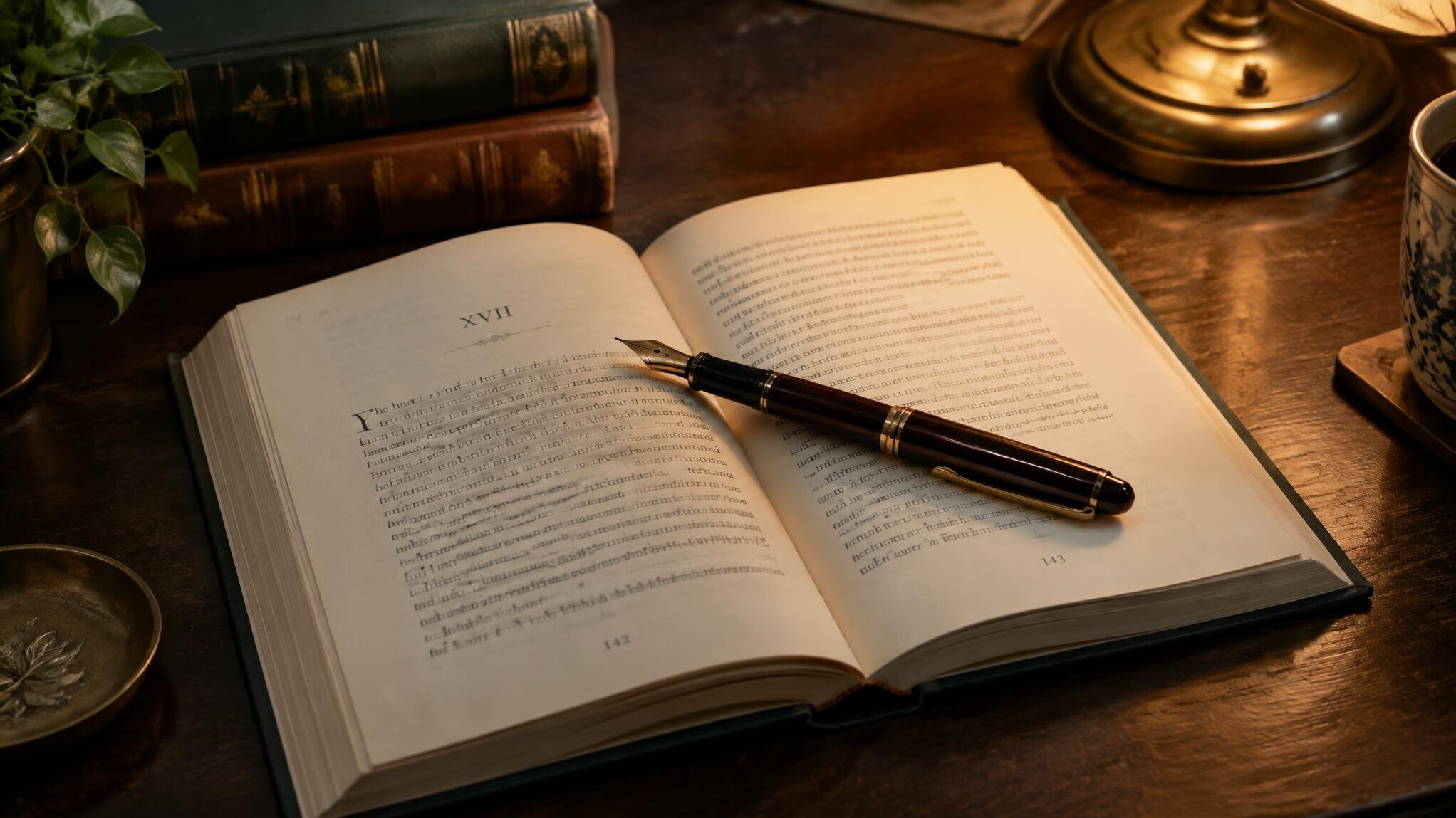 Open novel book with a fountain pen on a dark desk