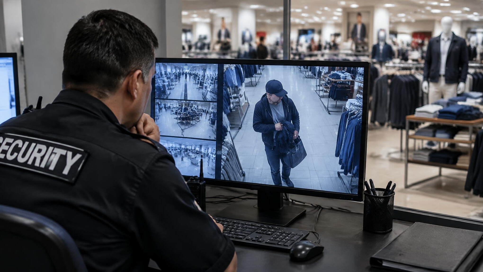 store security guard monitoring cameras