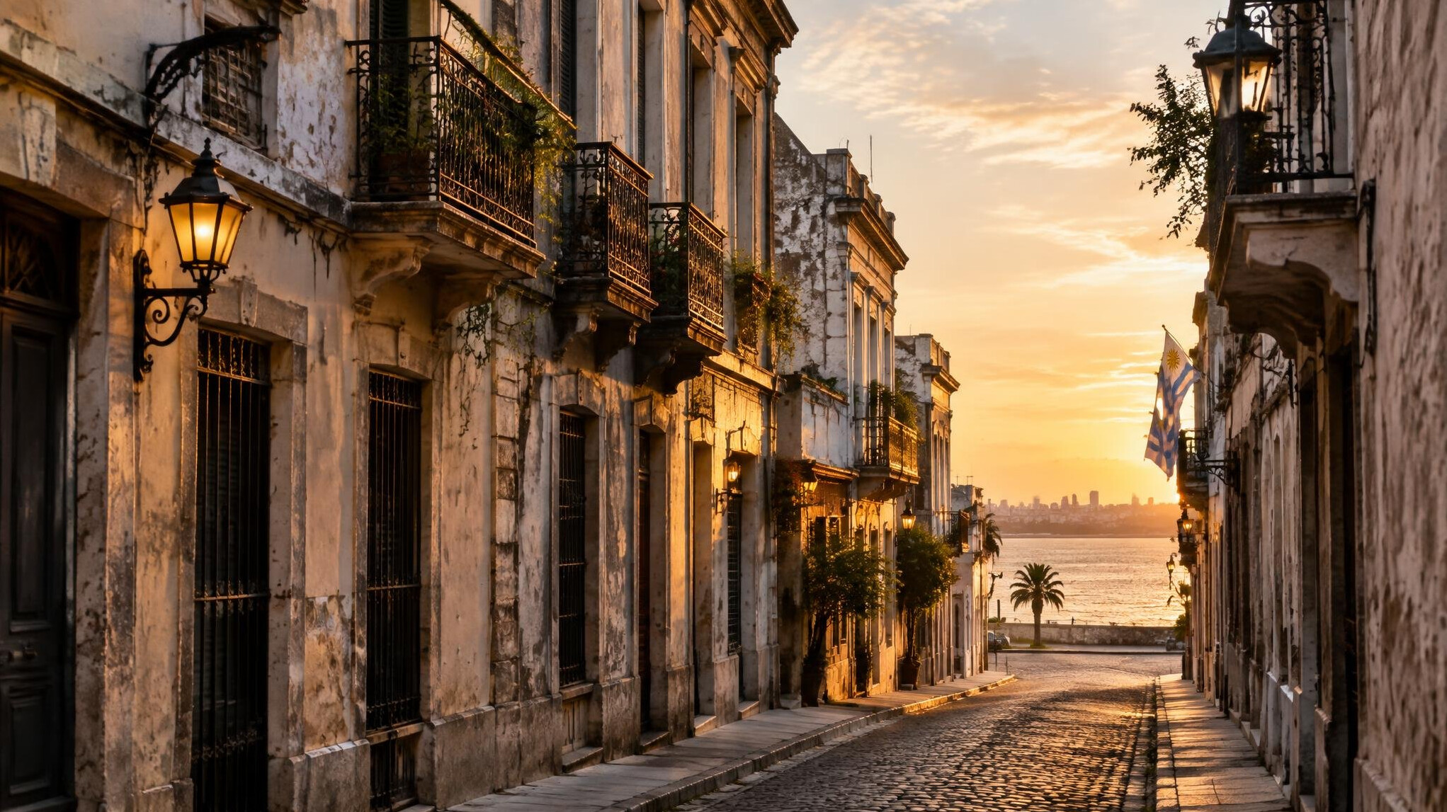 Old Montevideo street with classic balconies and lampposts