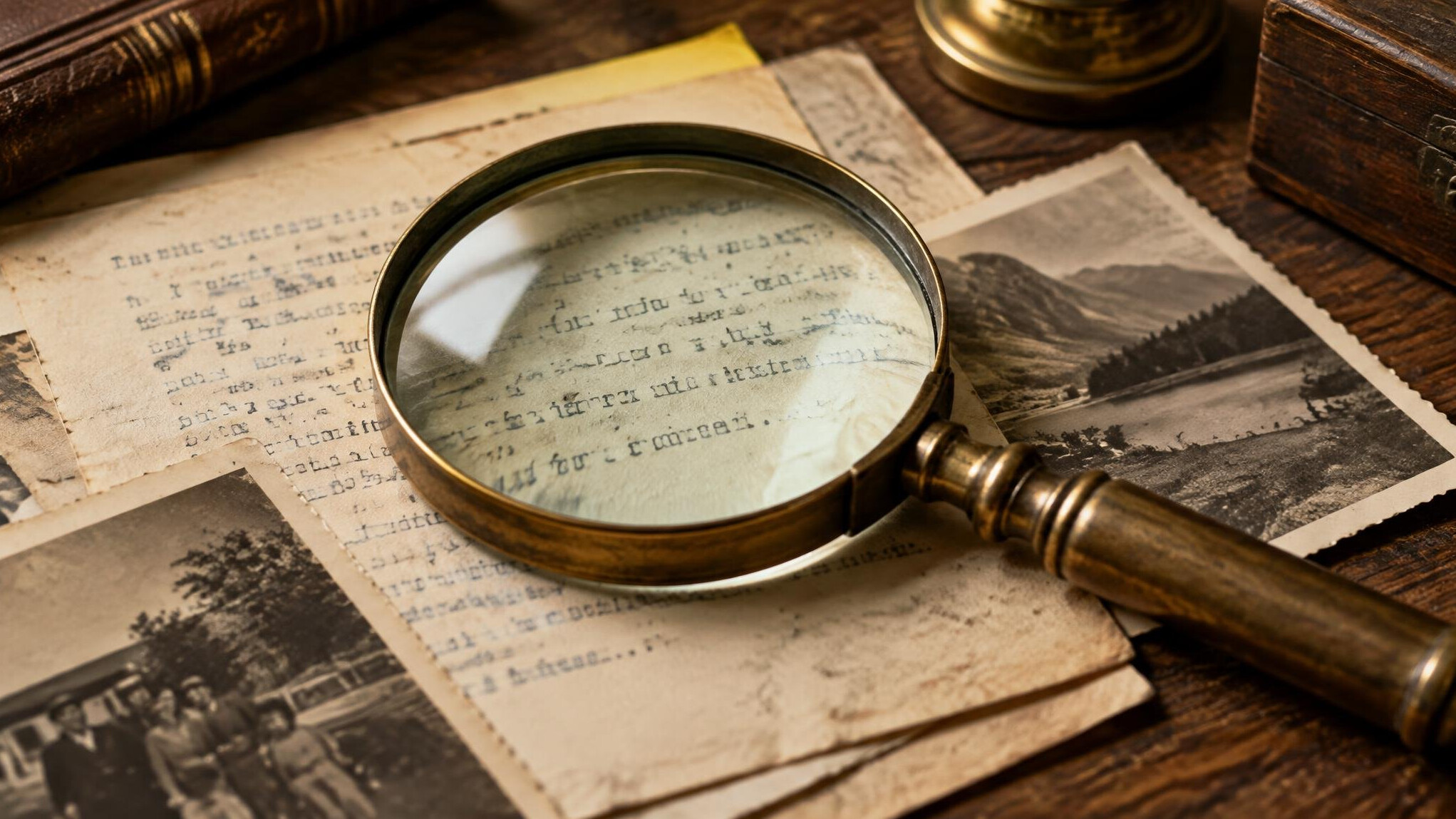 Magnifying glass resting over old documents and photographs