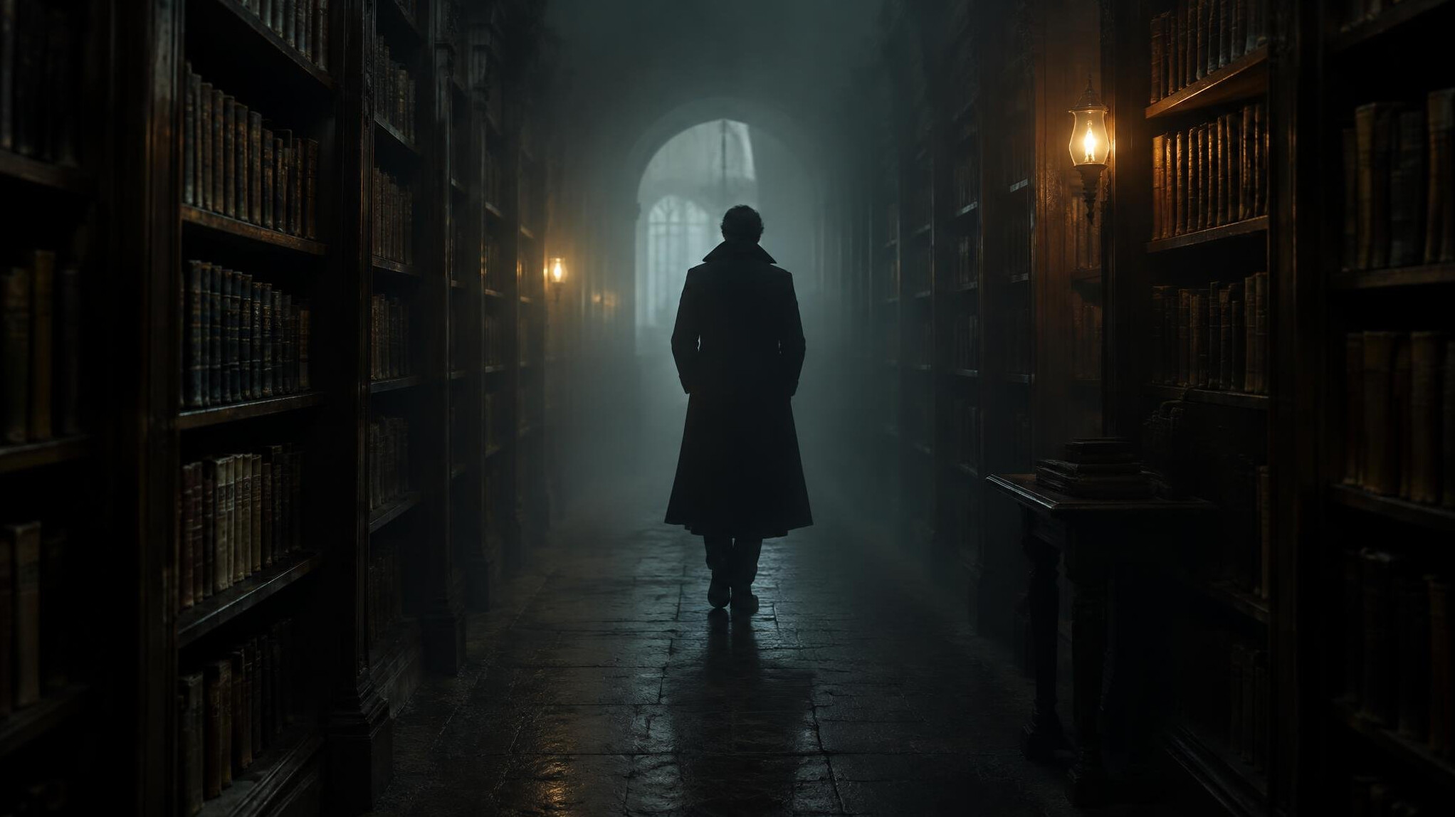 Silhouette of a person walking through a foggy archive corridor