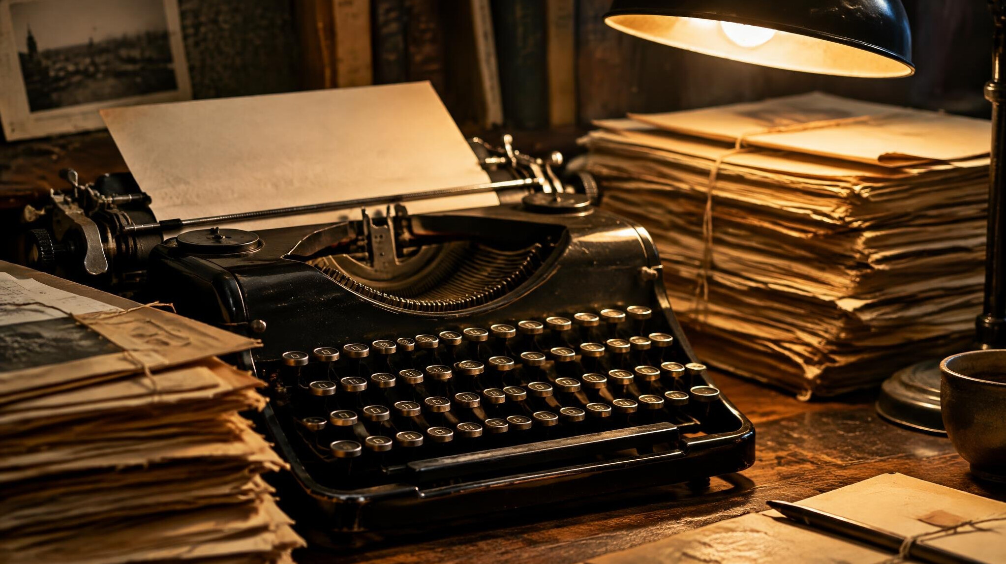 Vintage typewriter with stacked archive documents