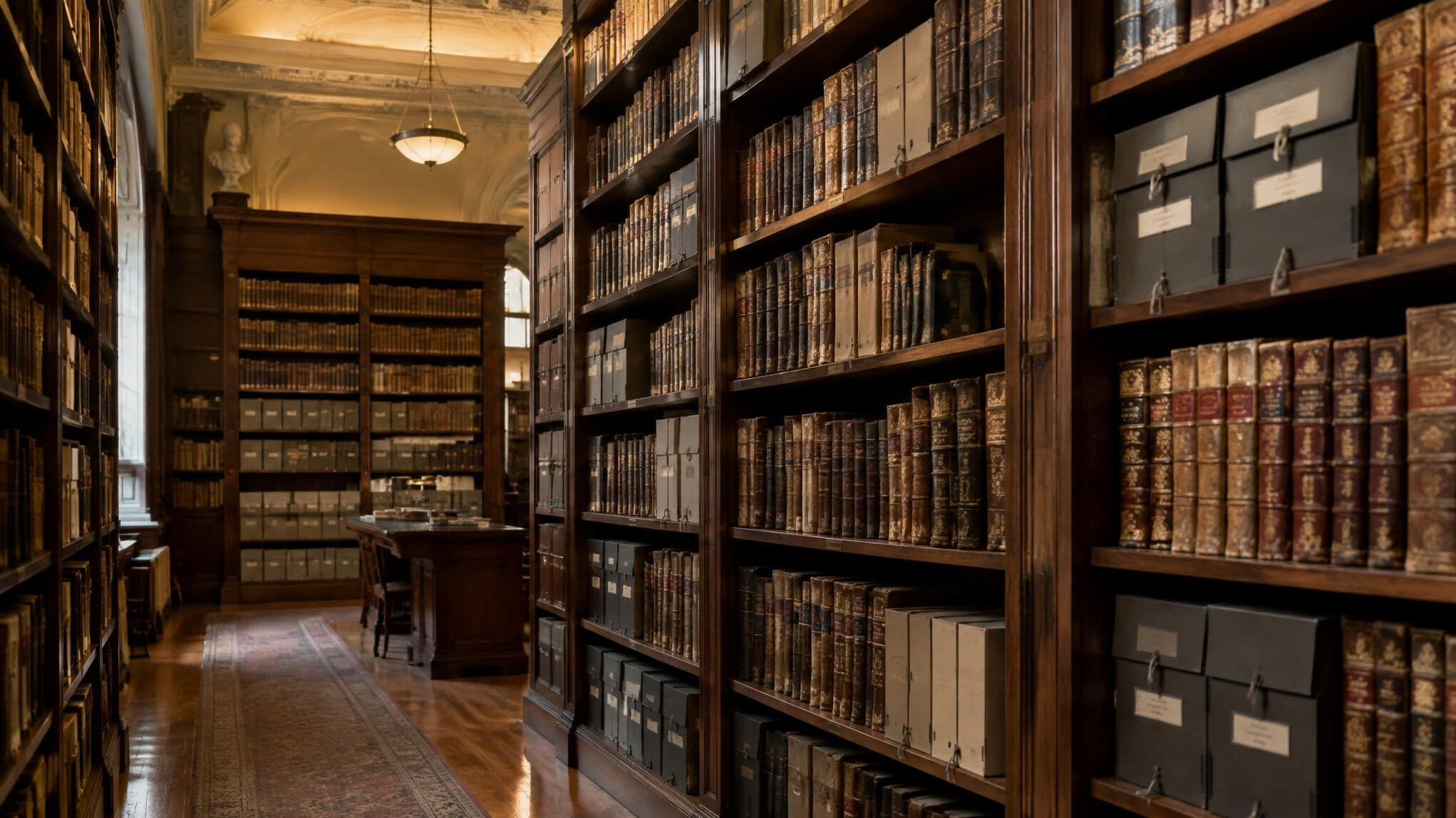 Rows of tall wooden shelves in an old archive library