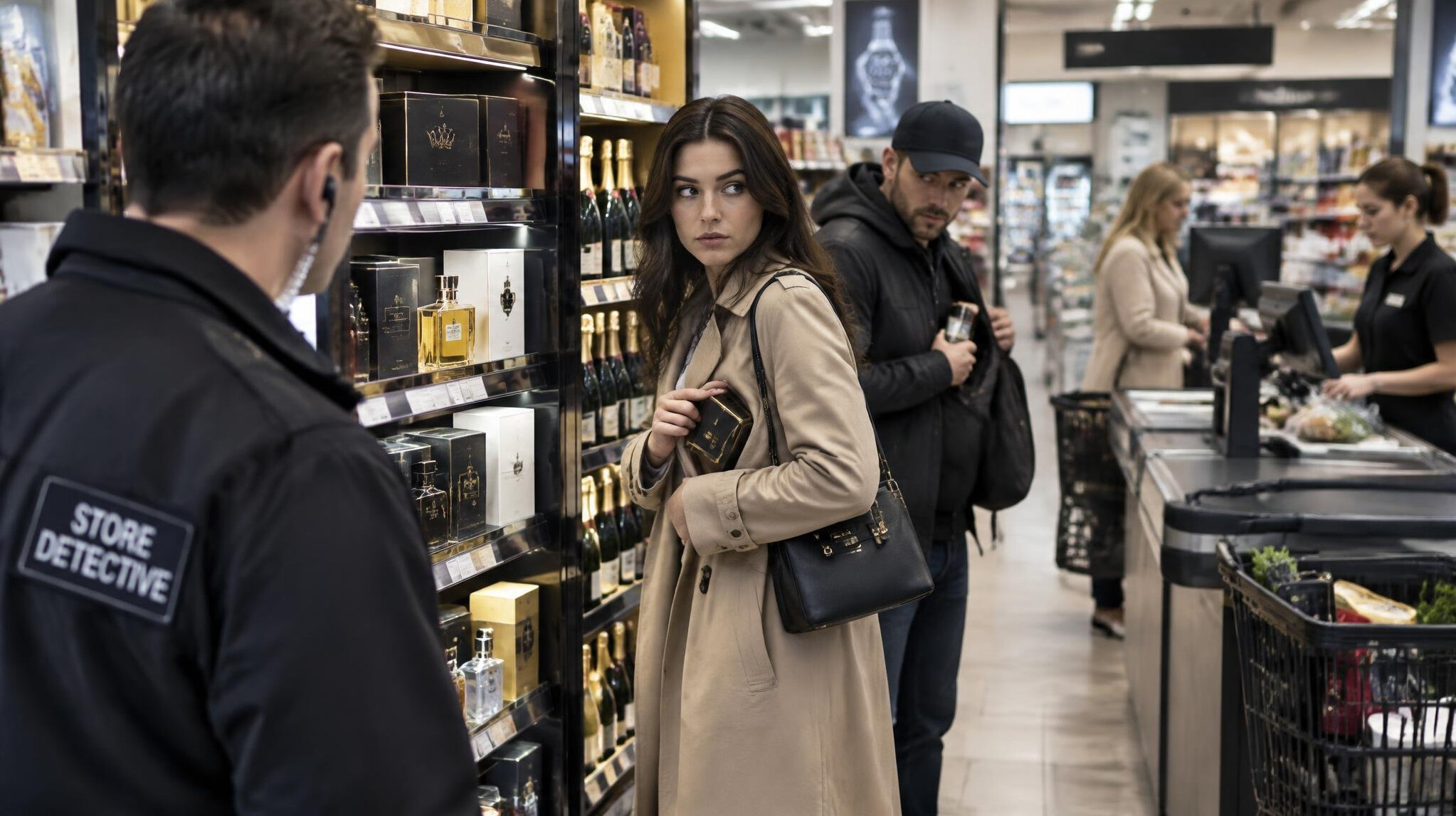 suspicious shoppers in supermarket
