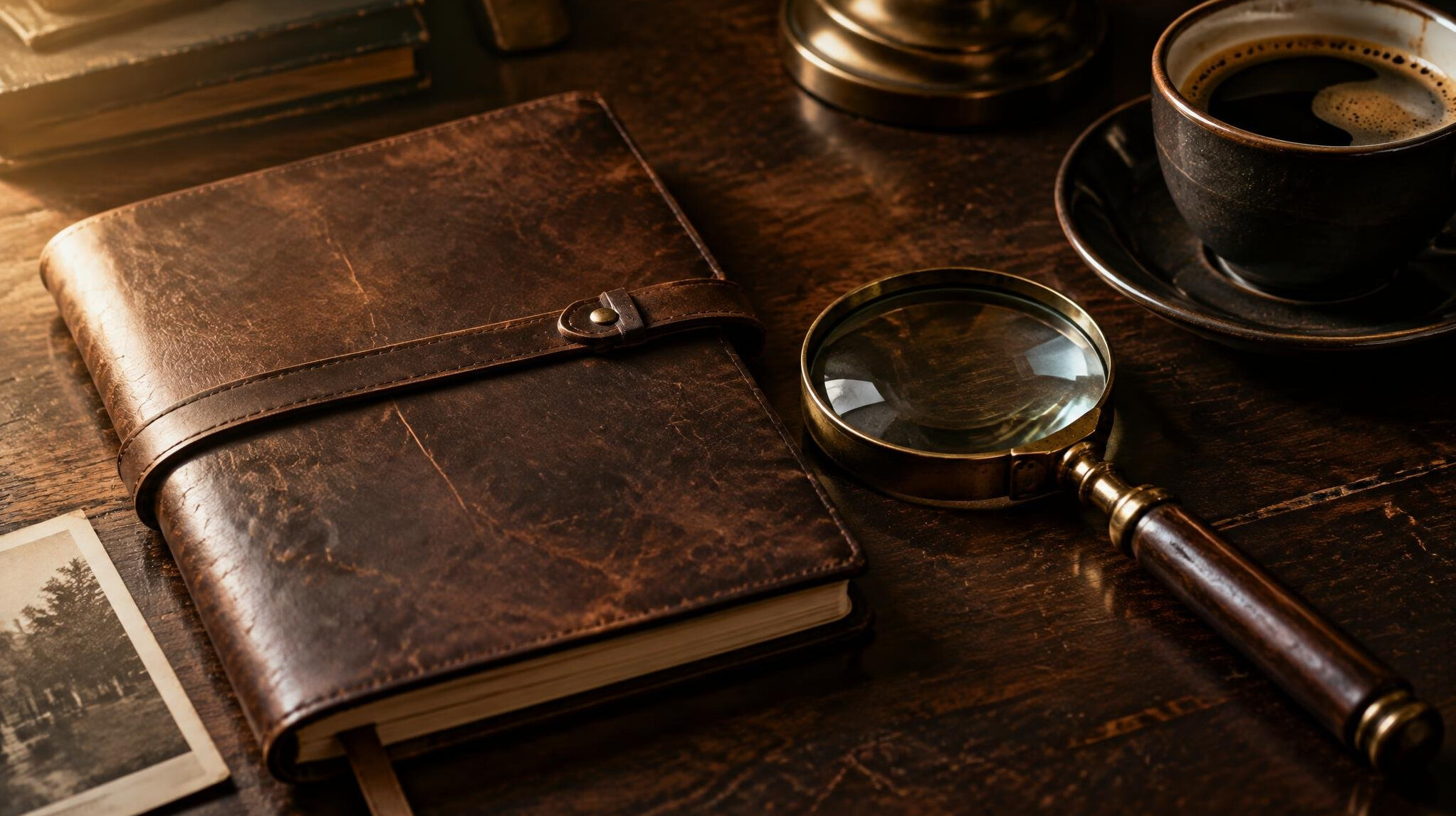 Detective notebook with magnifying glass and coffee cup on a wooden desk