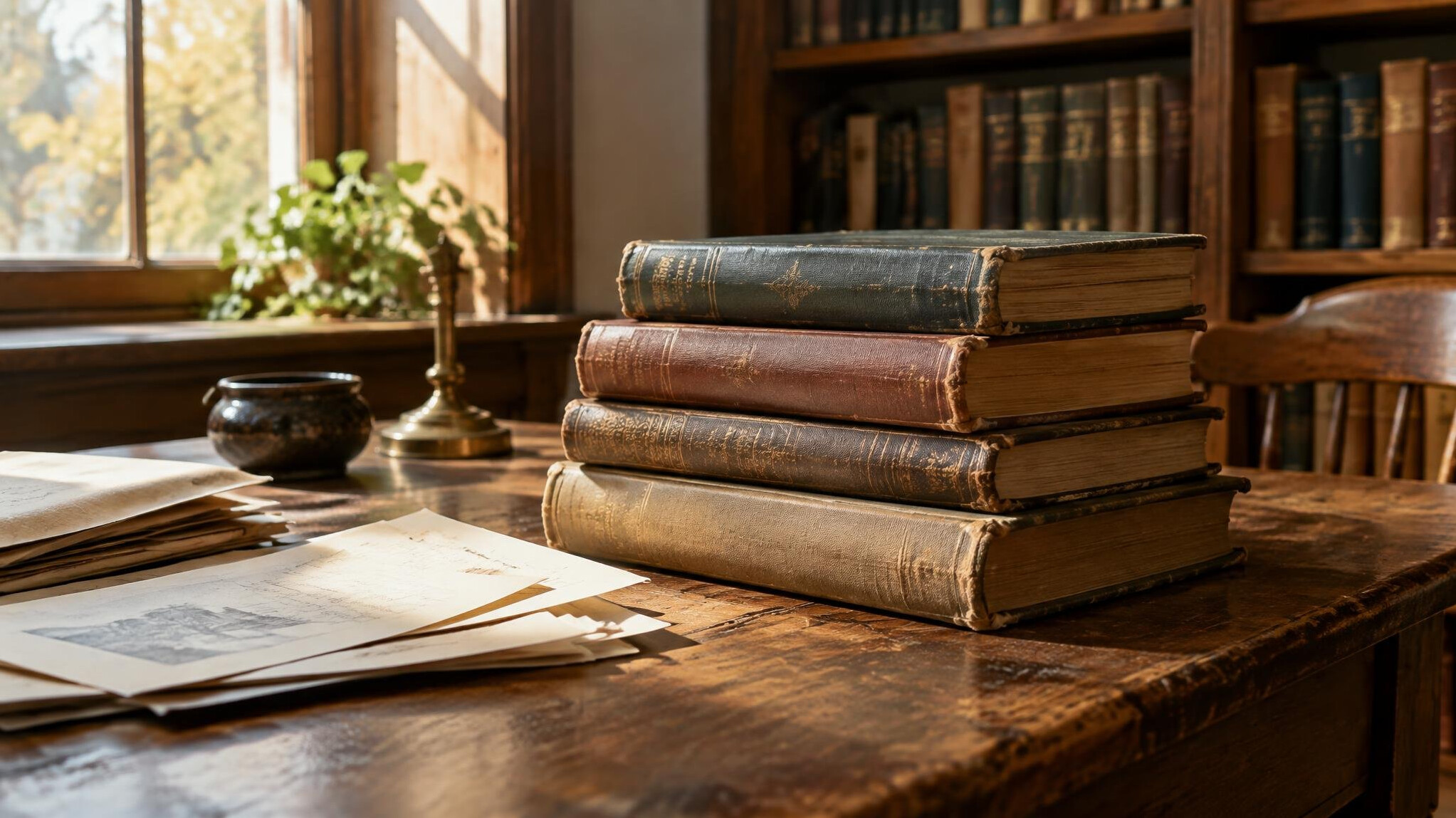 Stack of old books and papers on a wooden library table